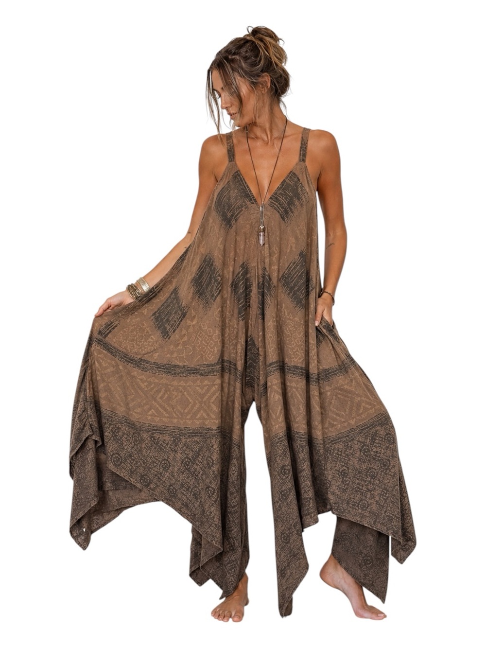 BELMA Oversized 100% Cotton Wide Leg Boho Harem Handkerchief Hem Tribal Jumpsuit